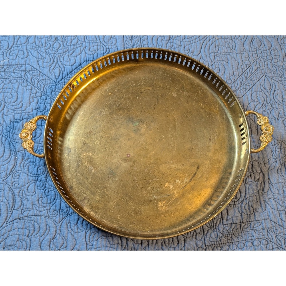 Antique 1920 Round Serving Tray Pierced Reticulated edge & Ornate Floral Handles